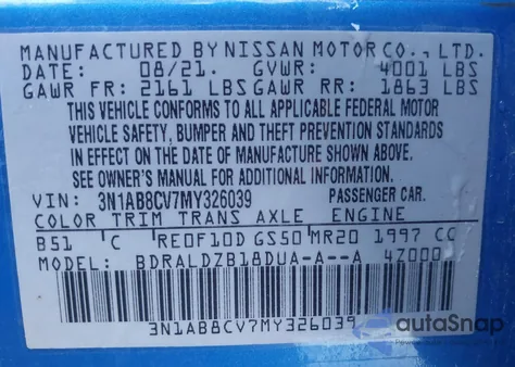 2021 Nissan Sentra Sv Xtronic Cvt from USA, damaged, VIN 3N1AB8CV7MY326039